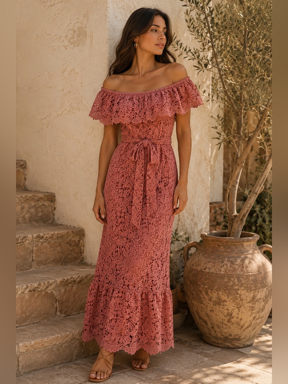 NA-KD Lace Off Shoulder Maxi Dress Dusty Rose Boho Romantic EU 40 Medium